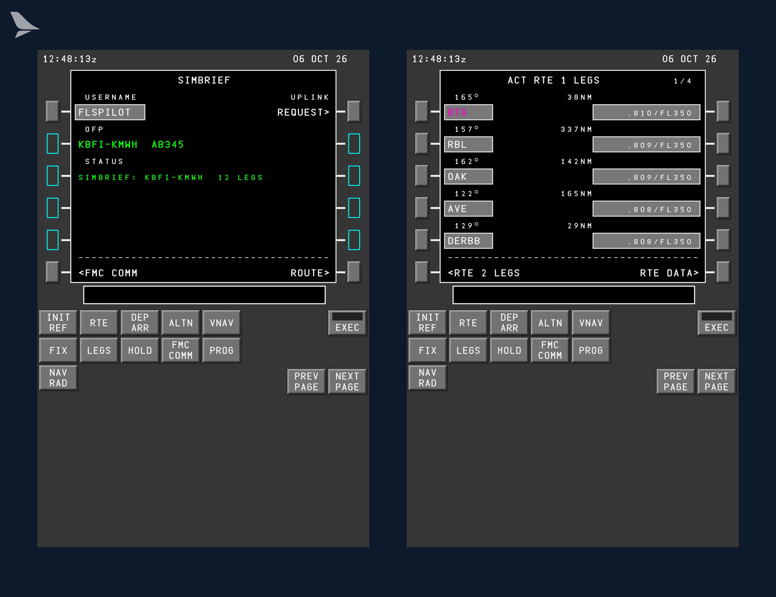 CDU pages: SimBrief import and active route 1 legs