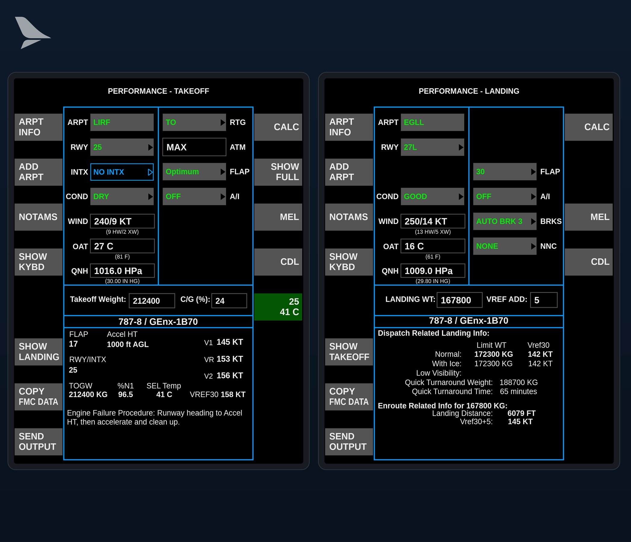 EFB takeoff and landing performance pages