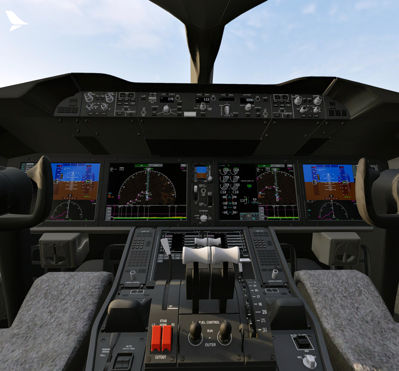 The FLS 787-8 flight deck: PFDs, navigation displays, EICAS and the mode control panel