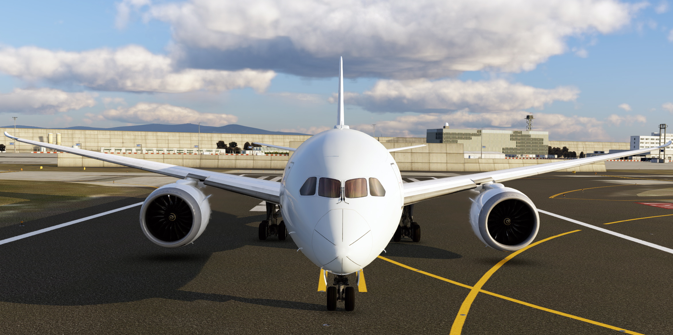 The FLS 787-8 head-on on the runway, work in progress